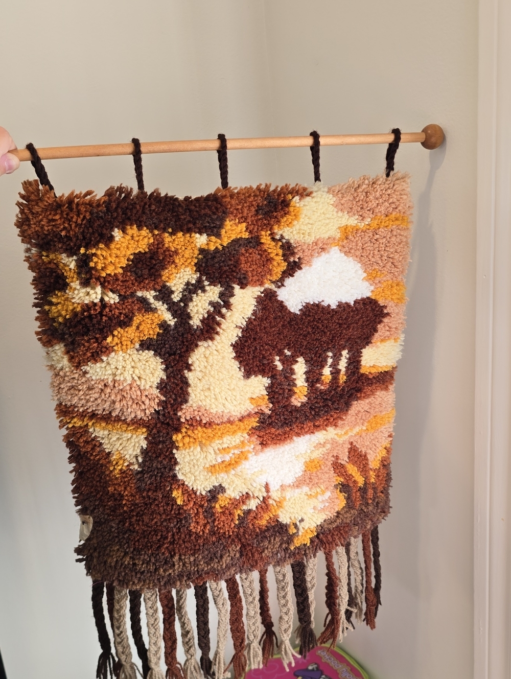 Vintage 70s Handmade Brown and Cream Latch Hook Wall Hanging